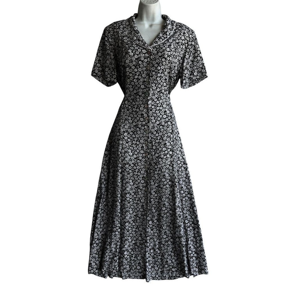 Vintage ERIKA Floral Long Maxi Garden Dress Women's M Black Short Sleeve Retro